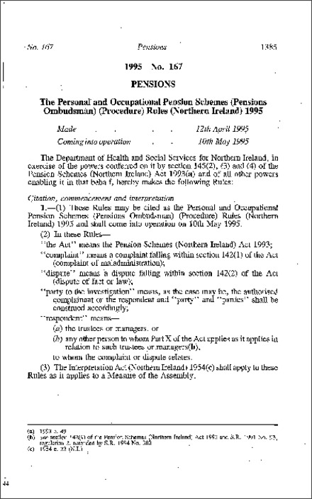 The Personal and Occupational Pension Schemes (Pensions Ombudsman) (Procedure) Rules (Northern Ireland) 1995