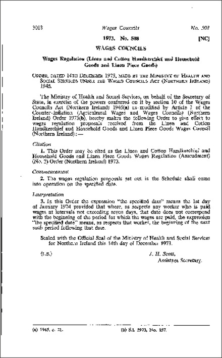 The Linen and Cotton Handkerchief and Household Goods and Linen Piece Goods Wages Regulations (Amendment) (No. 2) Order (Northern Ireland) 1973