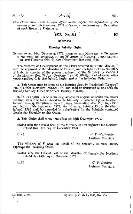 The Housing Subsidy (Variation) (Renewal) (No. 7) Order (Northern Ireland) 1973