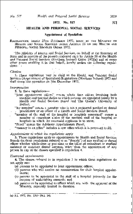 The Health and Personal Social Services (Appointment of Specialists) Regulations (Northern Ireland) 1973