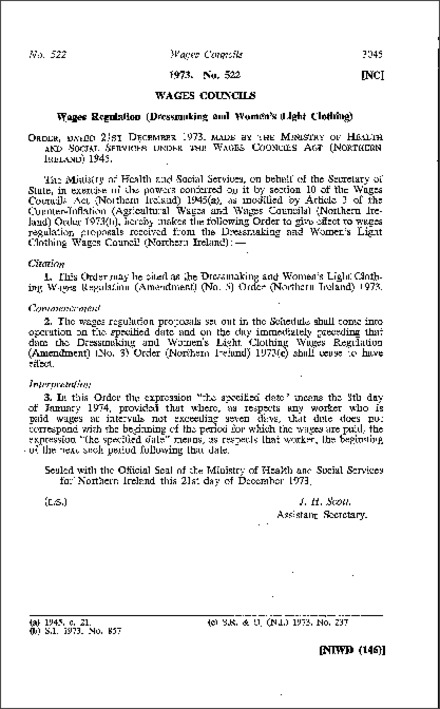 The Dressmaking and Women's Light Clothing Wages Regulations (Amendment) (No. 5) Order (Northern Ireland) 1973