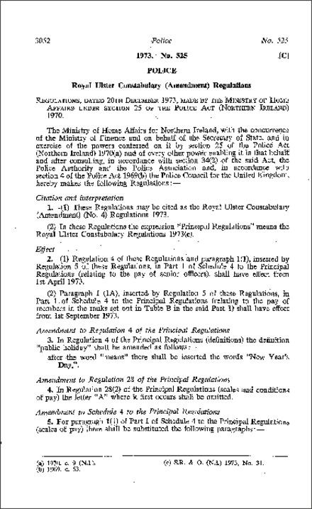 The Royal Ulster Constabulary (Amendment) (No. 4) Regulations (Northern Ireland) 1973