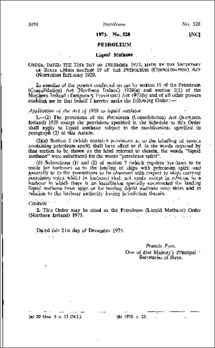The Petroleum (Liquid Methane) Order (Northern Ireland) 1973