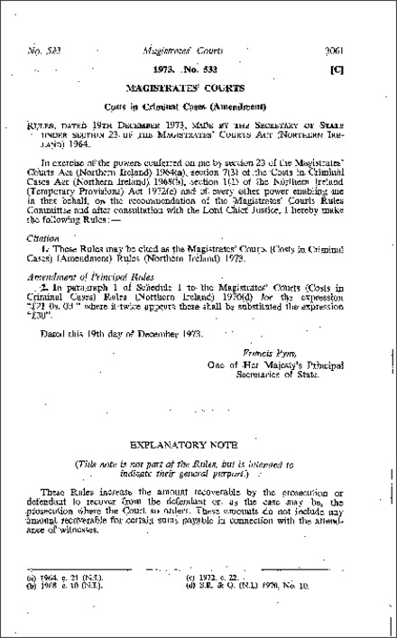 The Magistrates' Courts (Costs in Criminal Cases) (Amendment) Rules (Northern Ireland) 1973