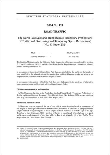 The North East Scotland Trunk Roads (Temporary Prohibitions of Traffic and Overtaking and Temporary Speed Restrictions) (No. 4) Order 2024