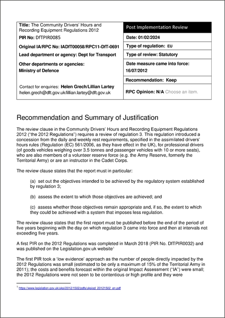Impact Assessment to The Community Drivers’ Hours and Recording Equipment Regulations 2012