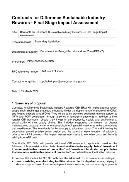 Impact Assessment to The Contracts for Difference (Sustainable Industry Rewards) Regulations 2024
