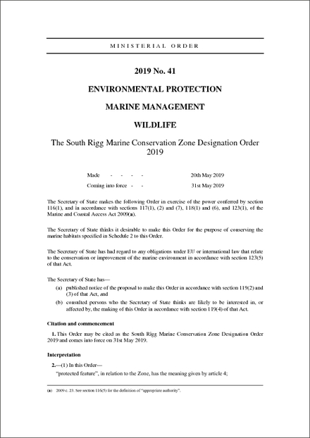 The South Rigg Marine Conservation Zone Designation Order 2019