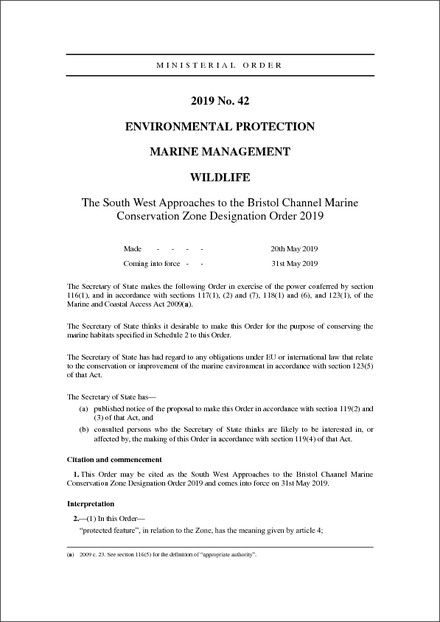 The South West Approaches to the Bristol Channel Marine Conservation Zone Designation Order 2019