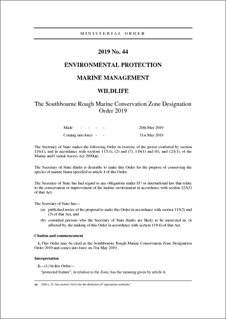 The Southbourne Rough Marine Conservation Zone Designation Order 2019