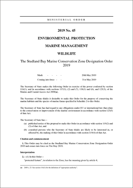 The Studland Bay Marine Conservation Zone Designation Order 2019