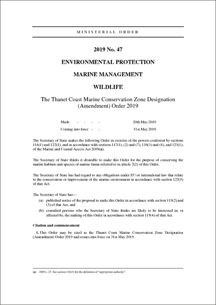 The Thanet Coast Marine Conservation Zone Designation (Amendment) Order 2019
