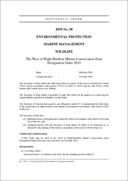 The West of Wight-Barfleur Marine Conservation Zone Designation Order 2019