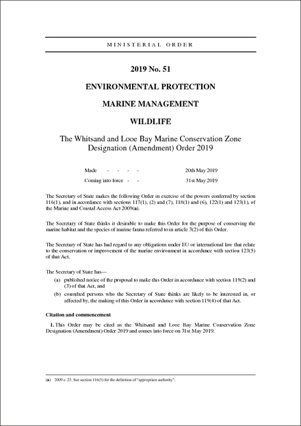 The Whitsand Looe Bay Marine Conservation Zone Designation (Amendment) Order 2019