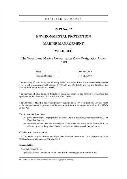 The Wyre Lune Marine Conservation Zone Designation Order 2019