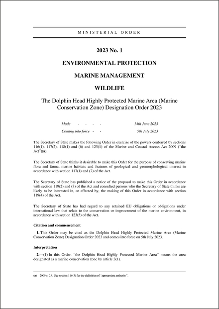 The Dolphin Head Highly Protected Marine Area (Marine Conservation Zone) Designation Order 2023