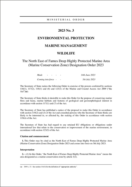 The North East of Farnes Deep Highly Protected Marine Area (Marine Conservation Zone) Designation Order 2023