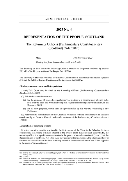 The Returning Officers (Parliamentary Constituencies) (Scotland) Order 2023