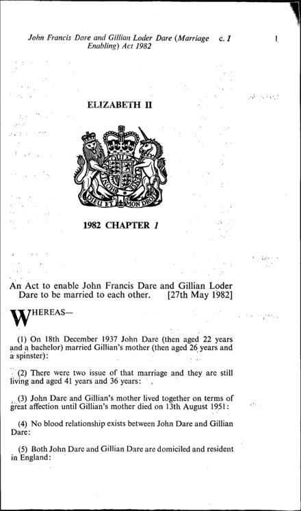 John Francis Dare and Gillian Loder Dare (Marriage Enabling) Act 1982