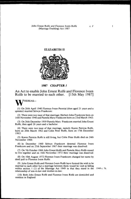 John Ernest Rolfe and Florence Iveen Rolfe (Marriage Enabling) Act 1987