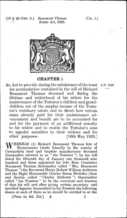 Beaumont Thomas Estate Act 1929