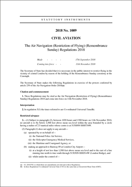 The Air Navigation (Restriction of Flying) (Remembrance Sunday) Regulations 2018