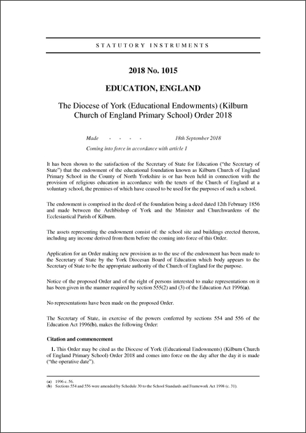 The Diocese of York (Educational Endowments) (Kilburn Church of England Primary School) Order 2018