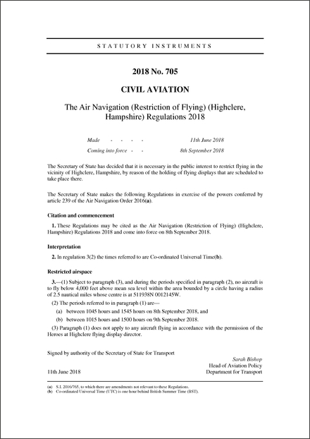 The Air Navigation (Restriction of Flying) (Highclere, Hampshire) Regulations 2018