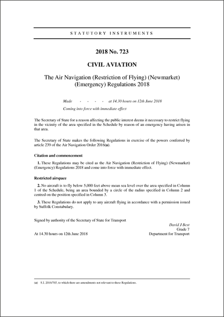 The Air Navigation (Restriction of Flying) (Newmarket) (Emergency) Regulations 2018
