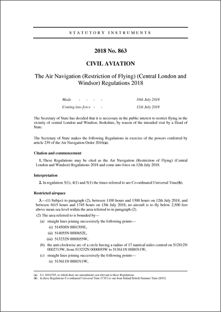 The Air Navigation (Restriction of Flying) (Central London and Windsor) Regulations 2018