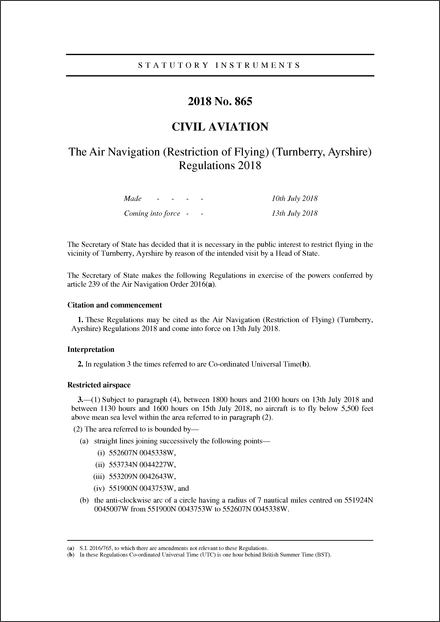 The Air Navigation (Restriction of Flying) (Turnberry, Ayrshire) Regulations 2018