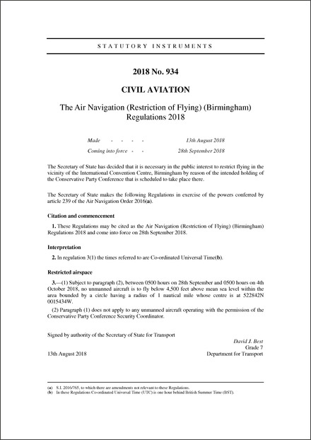 The Air Navigation (Restriction of Flying) (Birmingham) Regulations 2018