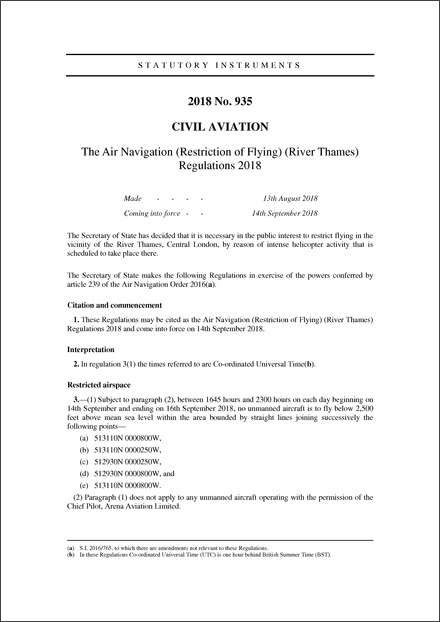 The Air Navigation (Restriction of Flying) (River Thames) Regulations 2018