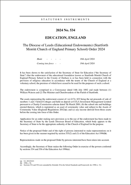 The Diocese of Leeds (Educational Endowments) (Startforth Morritt Church of England Primary School) Order 2024