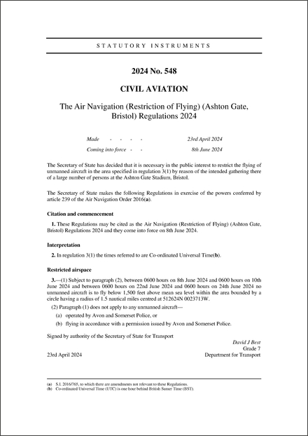 The Air Navigation (Restriction of Flying) (Ashton Gate, Bristol) Regulations 2024