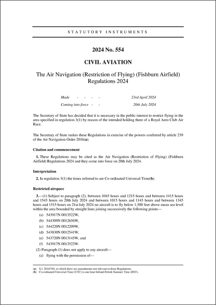 The Air Navigation (Restriction of Flying) (Fishburn Airfield) Regulations 2024