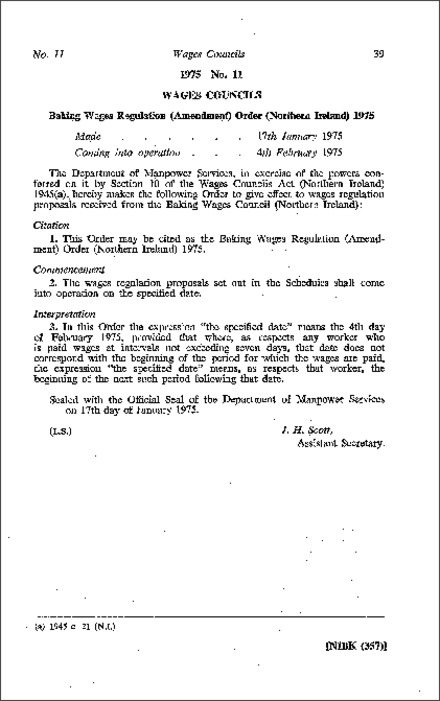 The Baking Wages Regulations (Amendment) Order (Northern Ireland) 1975