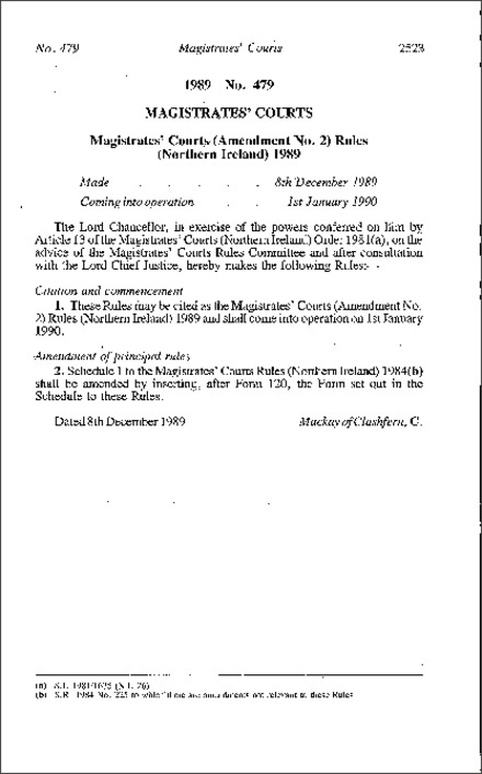 The Magistrates' Courts (Amendment No. 2) Rules (Northern Ireland) 1989