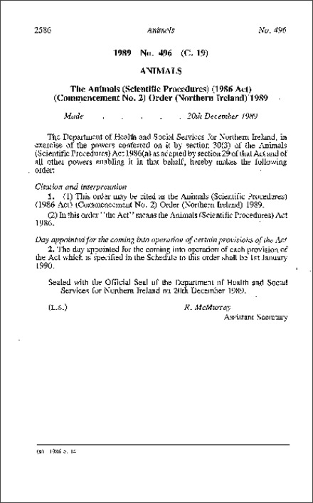 The Animals (Scientific Procedures) (1986 Act) (Commencement No. 2) Order (Northern Ireland) 1989
