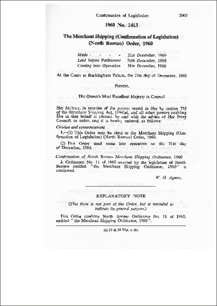 The Merchant Shipping (Confirmation of Legislation) (North Borneo) Order,1960