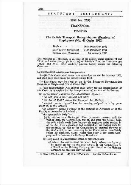The British Transport Reorganisation (Pensions of Employees) (No.4) Order 1962