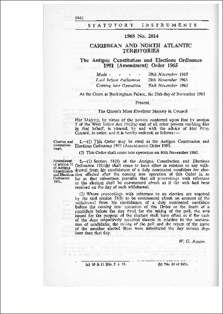 The Antigua Constitution and Elections Ordinance 1951 (Amendment) Order 1965