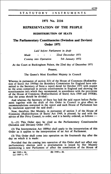 The Parliamentary Constituencies (Swindon and Devizes) Order 1971