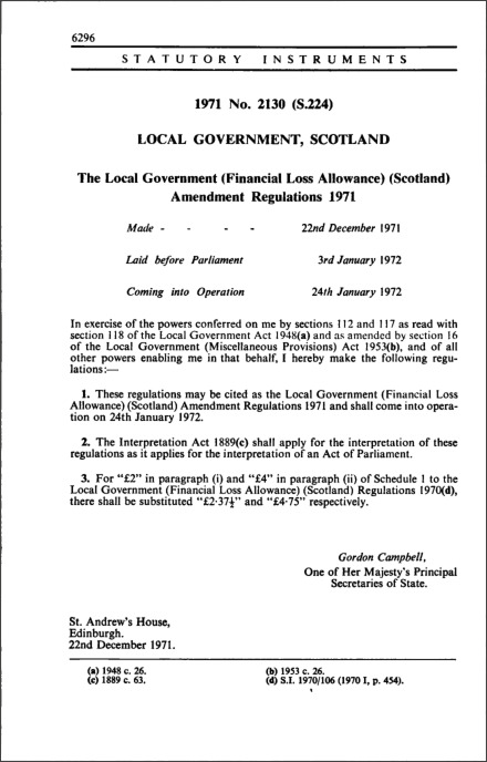 The Local Government (Financial Loss Allowance) (Scotland) Amendment Regulations 1971