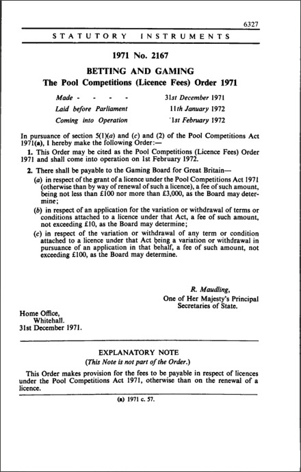 The Pool Competitions (Licence Fees) Order 1971