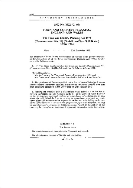 The Town and Country Planning Act 1971 (Commencement No. 10) (Norfolk and East Suffolk etc.) Order 1972