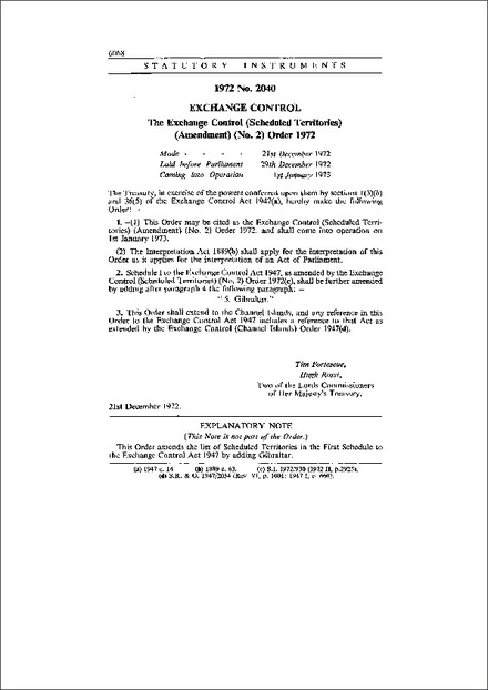 The Exchange Control (Scheduled Territories) (Amendment) (No. 2) Order 1972