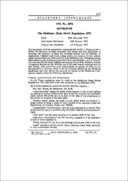 The Medicines (Data Sheet) Regulations 1972
