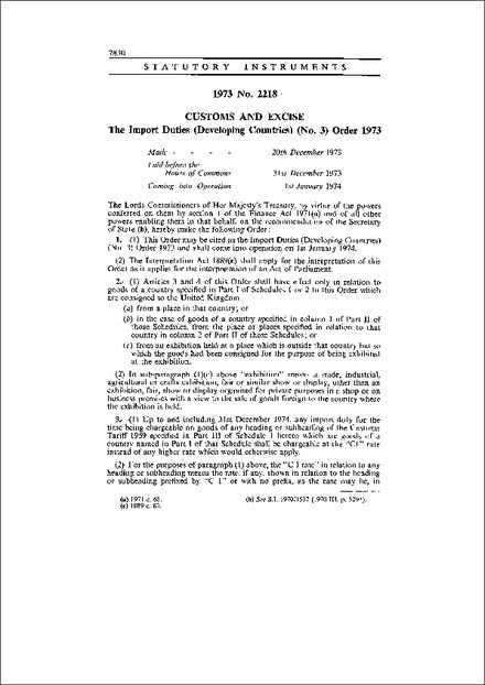 The Import Duties (Developing Countries) (No. 3) Order 1973