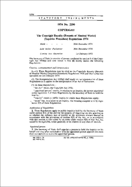 The Copyright Royalty (Records of Musical Works) (Inquiries Procedure) Regulations 1974
